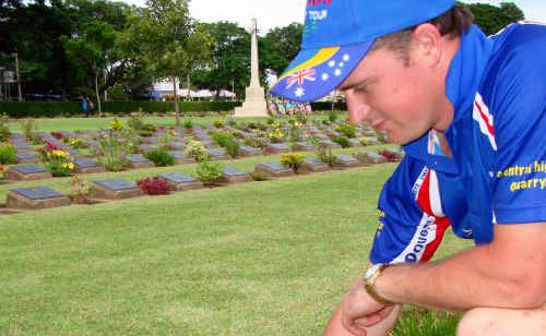 CH cricketer and Richo’s XI team member Rowan Richardson pays tribute to the grave site of Emerald resident and Second World War soldier William Percival Wright in Thailand. CH cricketer and Richo’s XI team member Rowan Richardson pays tribute to the grave site of Emerald resident and Second World War soldier William Percival Wright in Thailand.